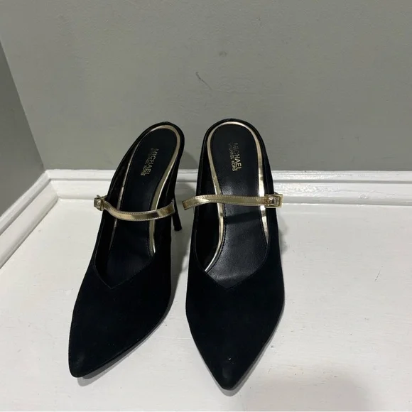 Michael Kors Black Suede Mule Heels with Gold Straps-size 11 - Picture 2 of 9